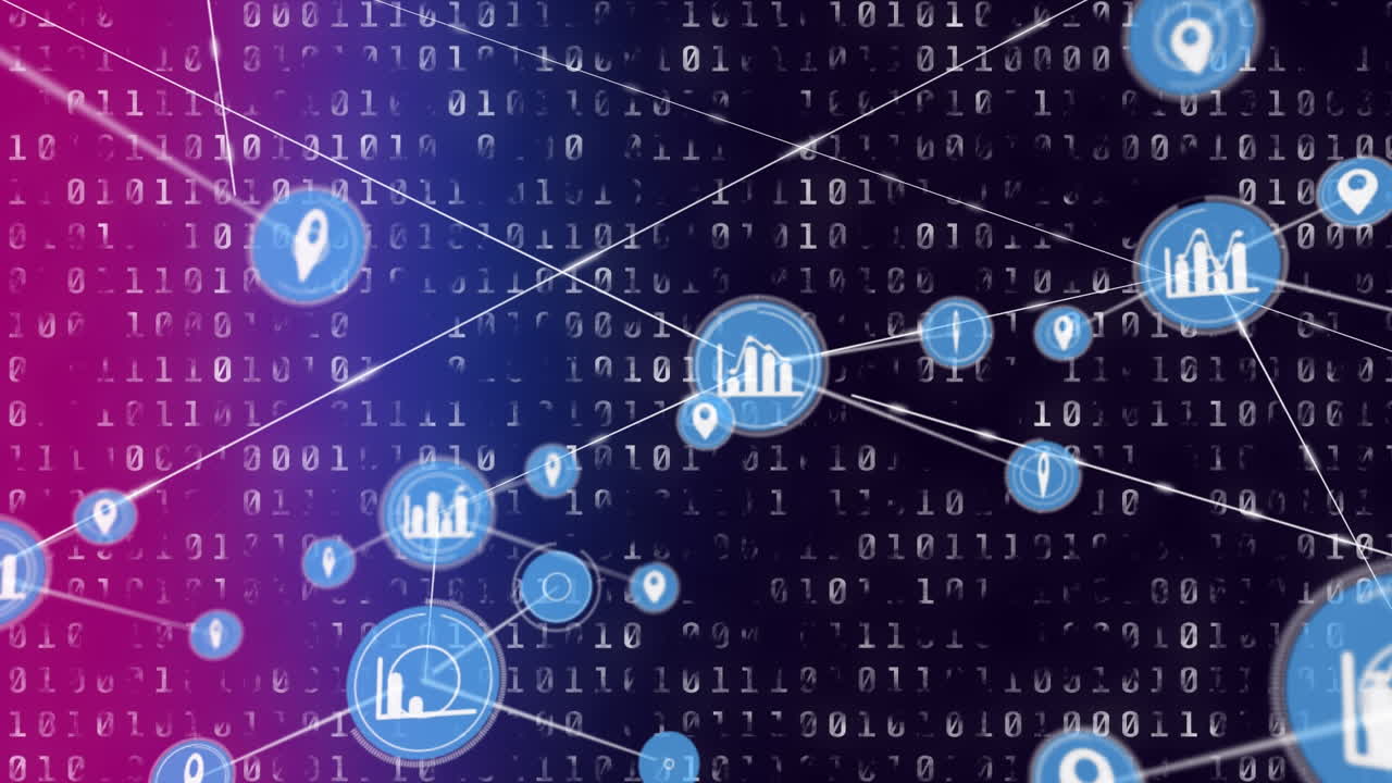 Animation of network of connection with icons over pink and black background with binary code
