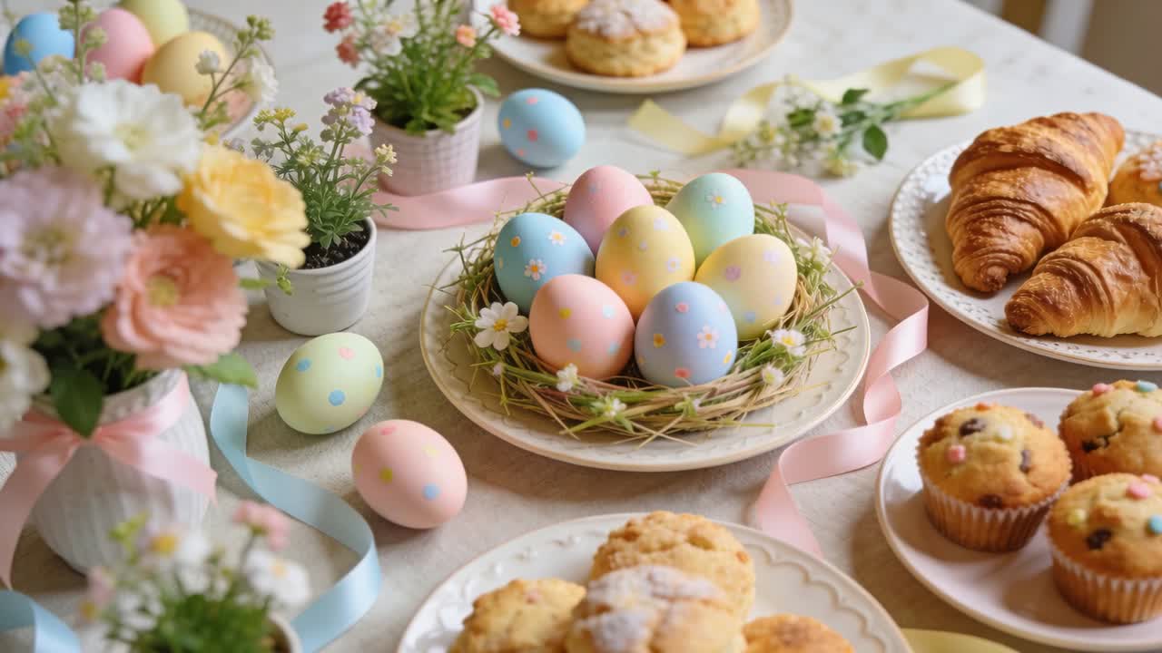 Panning camera drawing closer to tabletop at dining area, highlighting pastel egg nest and pastries