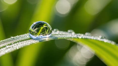 a stunning close-up of a crystal-clear water droplet reflecting lush greenery on a leaf, showcasing nature's flawless beauty and vibrant detail