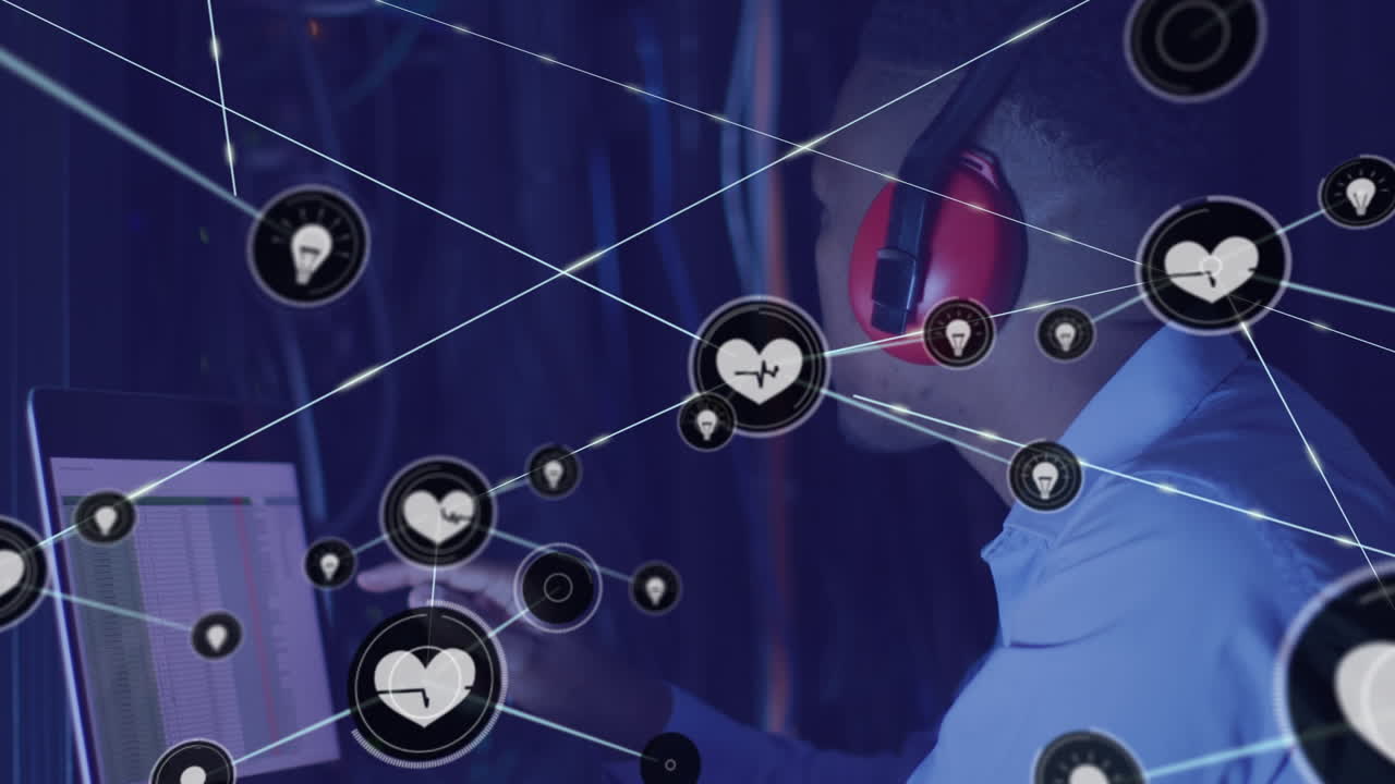 서버  ⁇ 에 노트북을 가진 아프리카계 미국인 남자의 연결 네트워크의 애니메이션