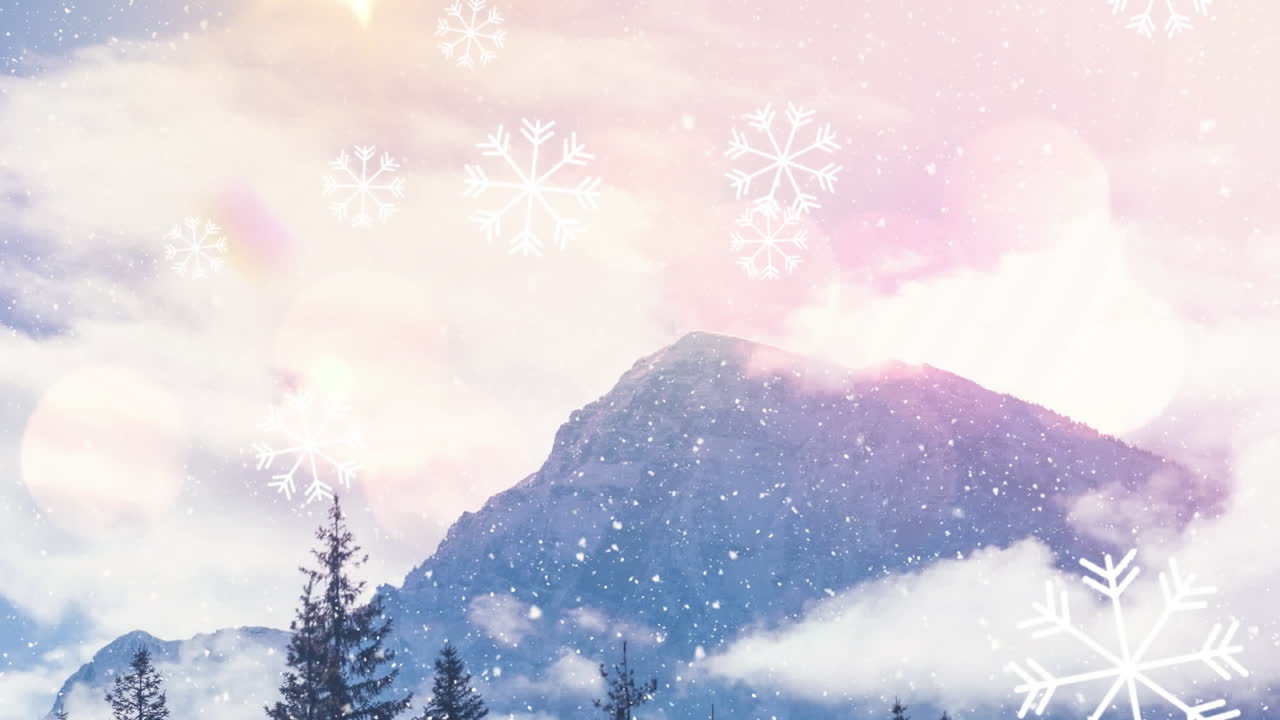 산과 함께 겨울 풍경 위에 내리는 눈의 애니메이션