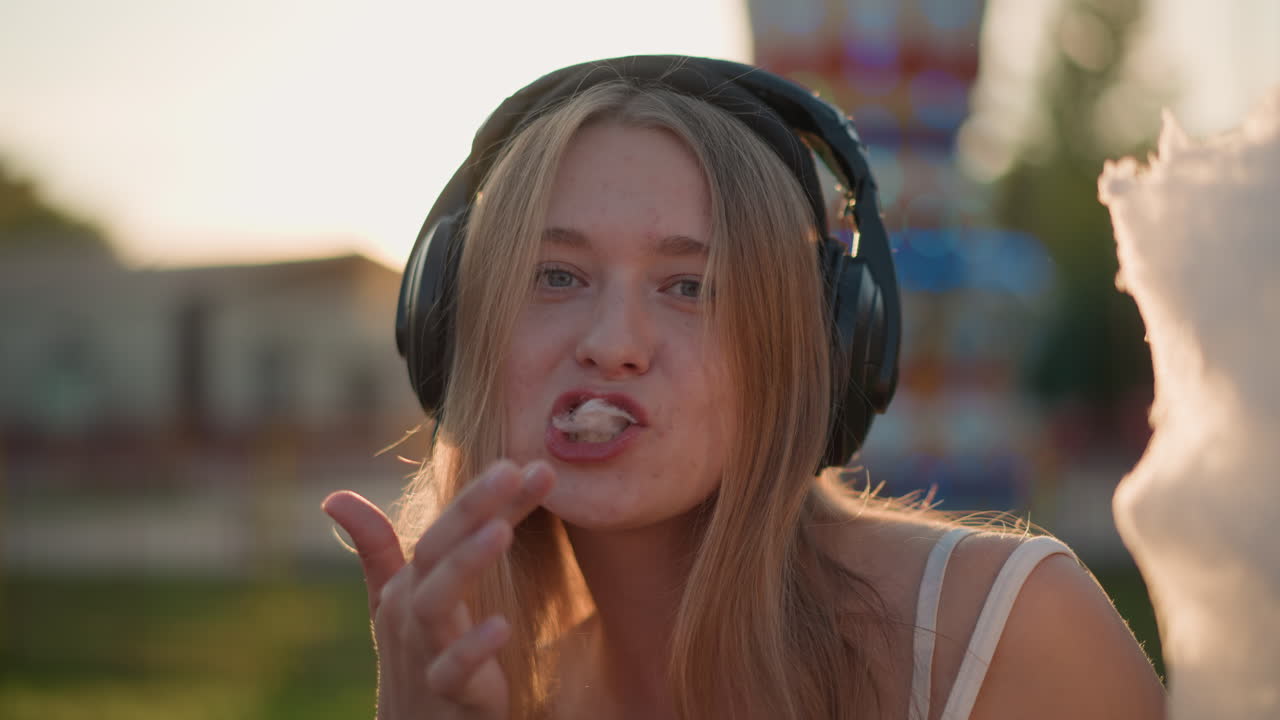 luna park al tramonto, adolescente bianca con cuffie che gusta zucchero filato con un sorriso gentile, luce dorata sul bordo, ritratto con retroilluminazione soffusa, atmosfera da studentessa casual, gesto da aspirante musicista, osservatore di artisti di strada