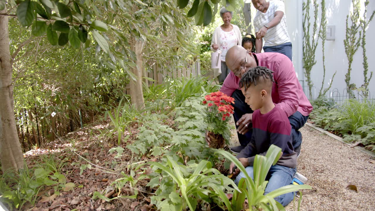 feliz abuelo afroamericano y nieto jardinería, con la familia, espacio de copia, cámara lenta