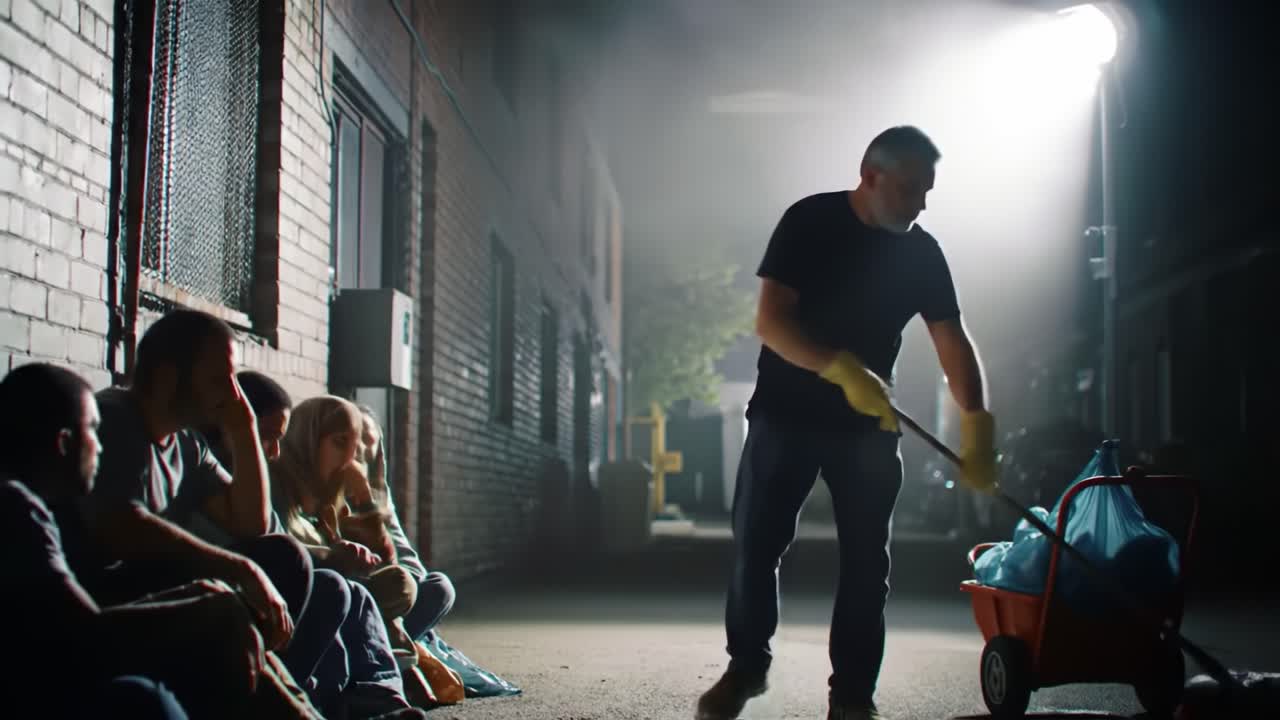 A solitary figure cleans a dimly lit alley while a group observes from the shadows, highlighting themes of hardship, resilience, and the stark contrast between action and inaction.