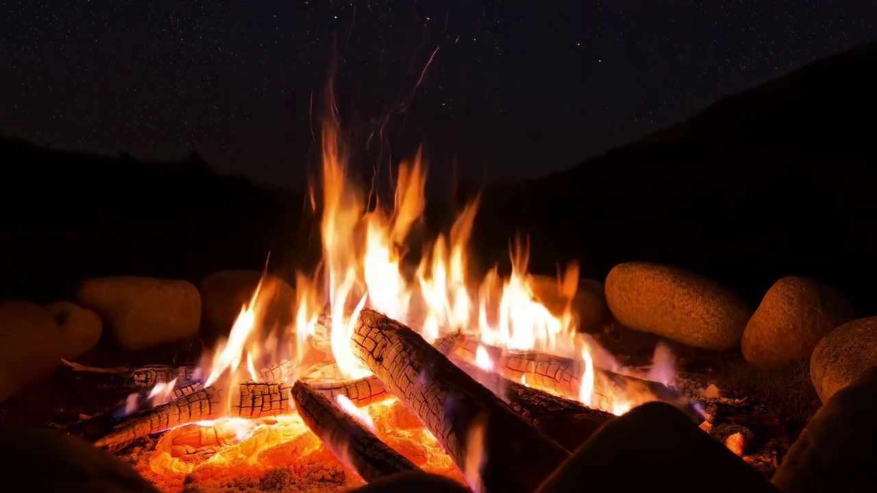 Helle Flammen steigen von gestapelten Holzscheiten in einer steinernen Feuerstelle auf, mit glühenden Kohlen und einem dunklen Hintergrund im Freien. Warmes orangefarbenes Licht beleuchtet das zentrierte Feuer.