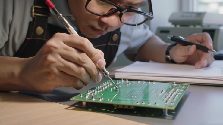Soldering tech in apron inspecting PCB and starting soldering at bench with pen marking notebook