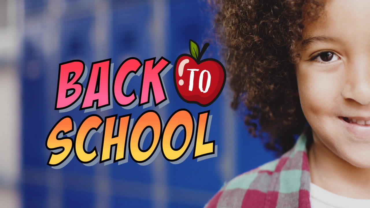 Animation of back to school text over biracial schoolboy smiling