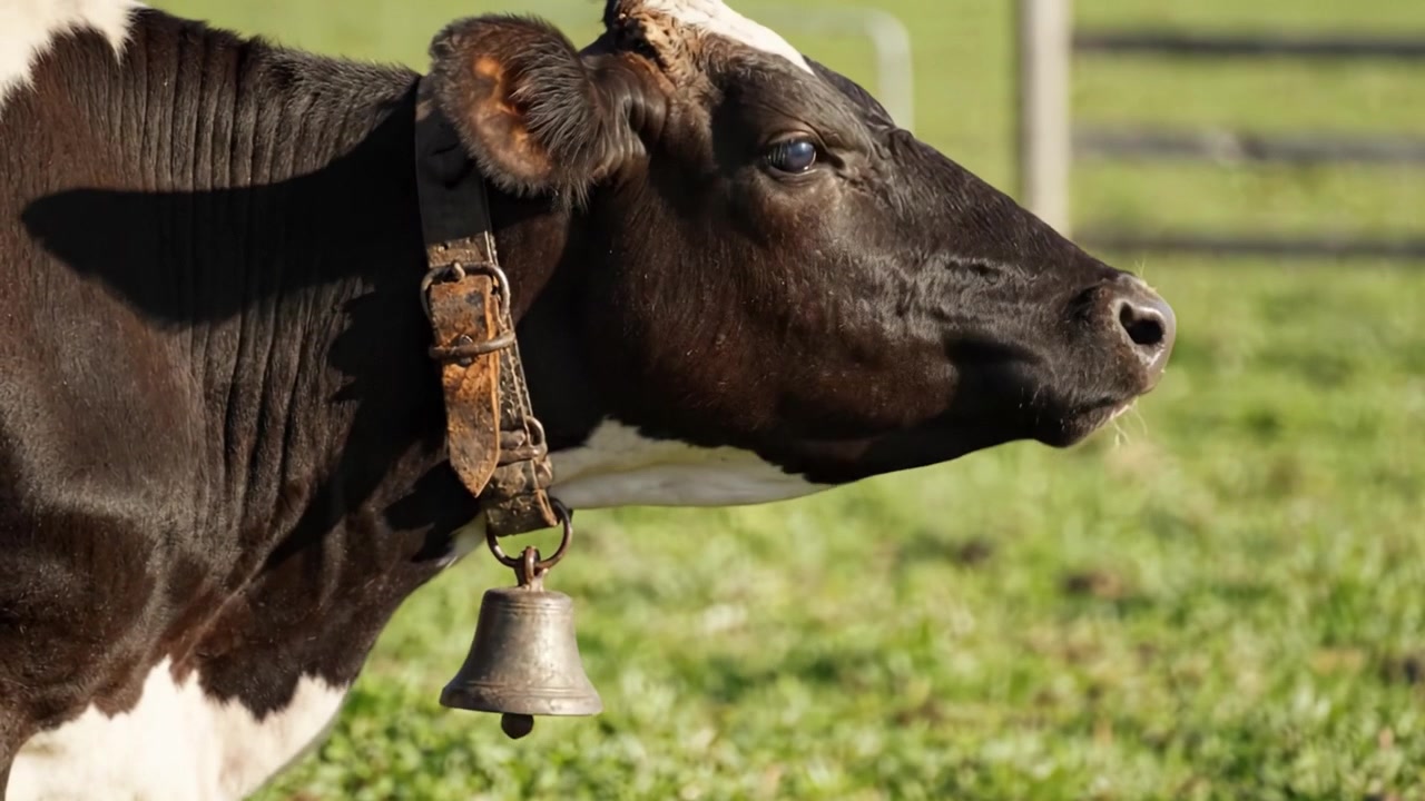Foto Close-up yang Memukau dari Sapi Perah Hitam Putih dengan Lonceng, Menampilkan Ketenangan dan Keanggunan di Lingkungan Pedesaan di Bawah Sinar Matahari Terang