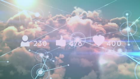 animación de puntos conectados, iconos y números cambiantes sobre nubes densas y sol.