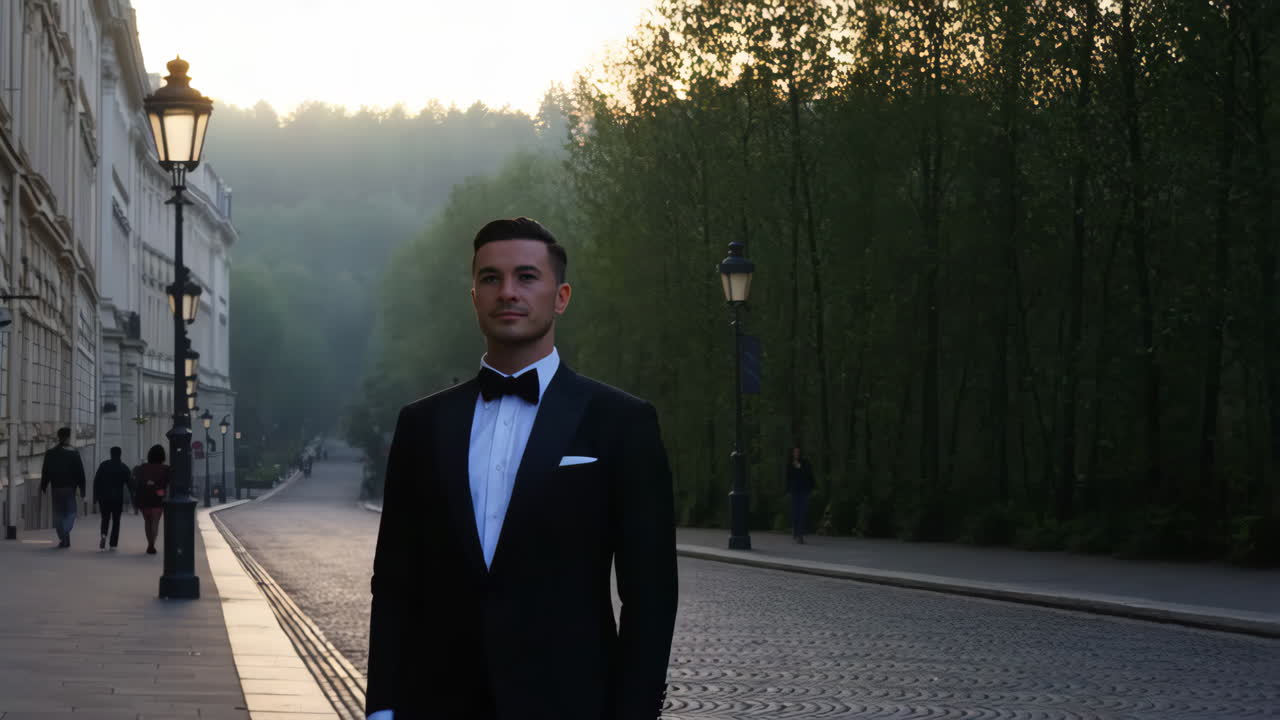 Elegant man in a tuxedo standing on a cobblestone street