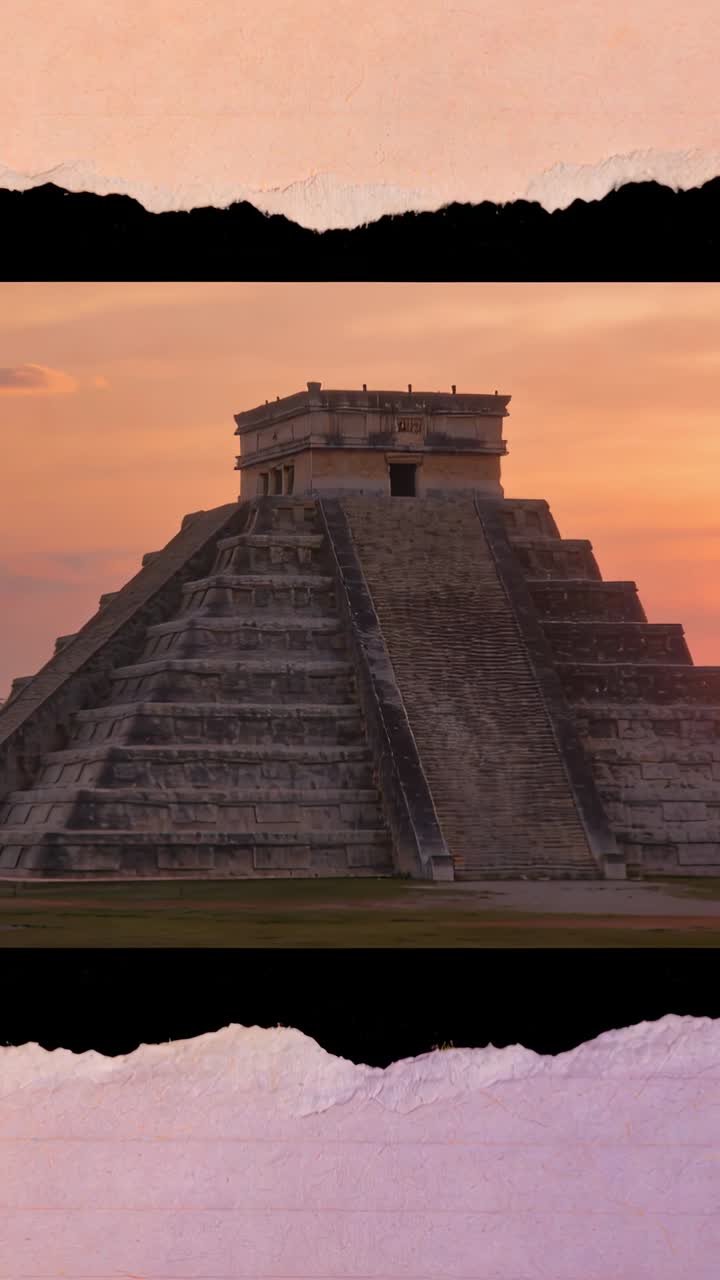 Video verticale: Inquadratura di una piramide a gradoni con il sole che tramonta, bagnando di colori fasce piane e strappate visibili.
