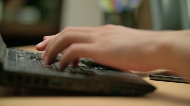 Slow-Mo, Side Shot Of A Man Typing On A Laptop And Grabbing His Tablet After