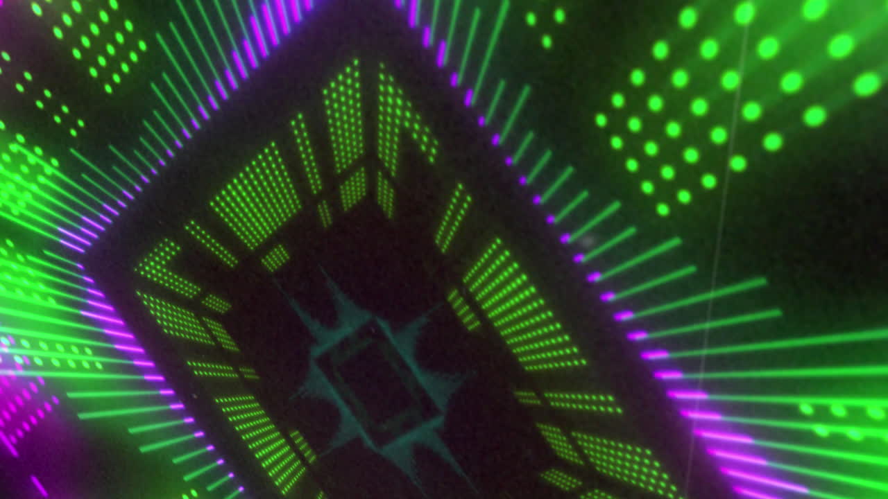 animación de pantalla de luz 3d rectangular verde, rosa y amarillo que se mueve sobre un fondo negro