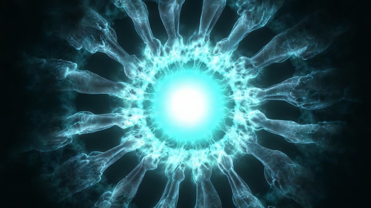 A mesmerizing visual journey through a vibrant energy vortex featuring swirling ethereal figures, capturing the dynamic interplay of light and motion in a breathtaking circular pattern radiating from the center