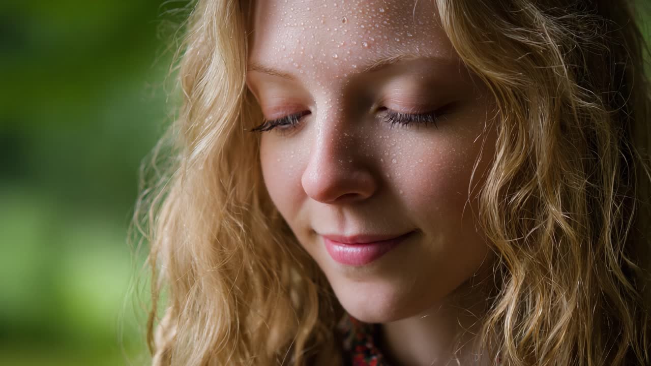 Capturing the Tranquility: A Close-Up of a Young Woman with Dewy Skin and Soft Curls in a Serene Outdoor Setting