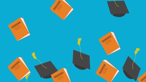 iconos de vasos de química que se mueven contra los sombreros de graduación y los libros que caen contra el fondo azul