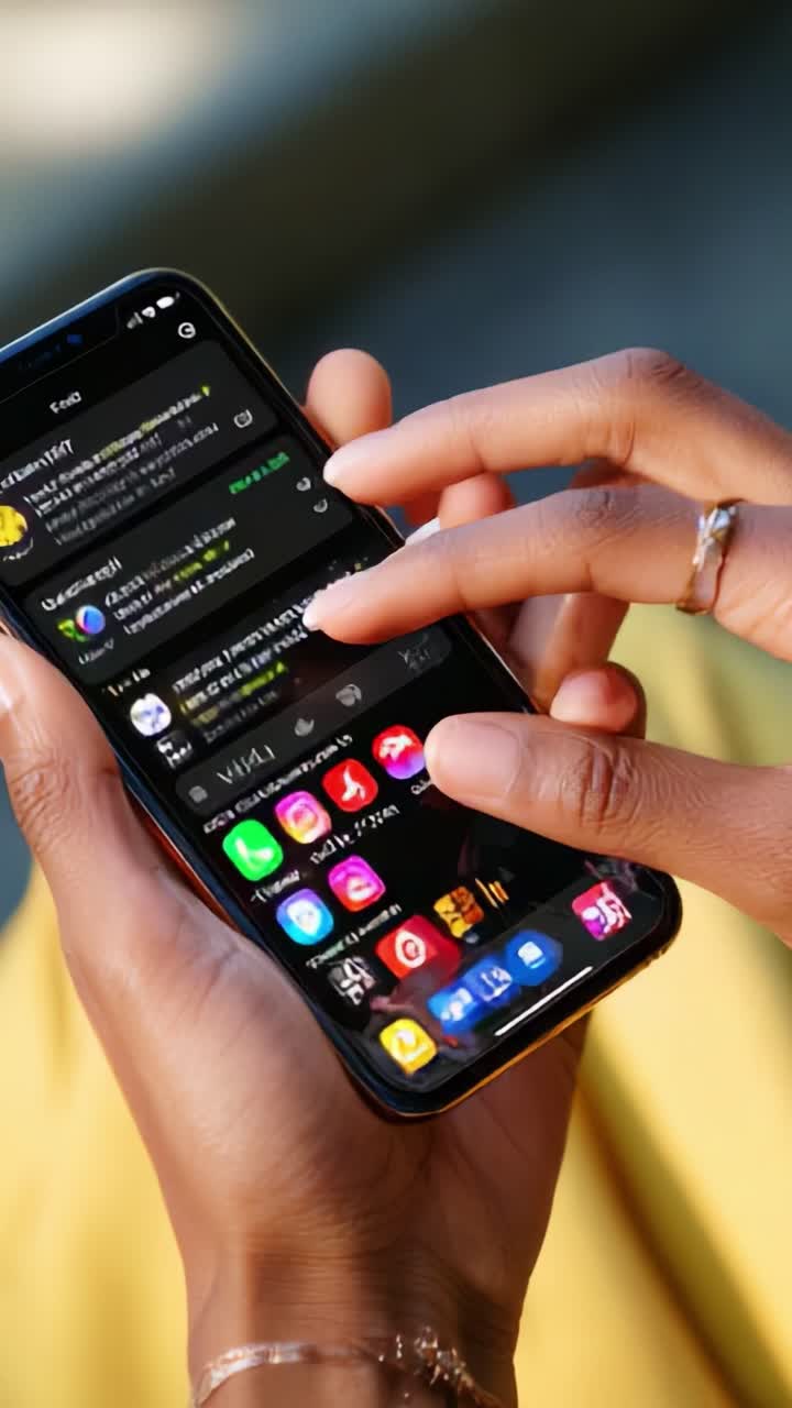 A Close-Up of Elegant Hands Interacting with a Smartphone, Showcasing the Digital Interface with Notifications and Apps, Highlighting Modern Communication and Technology in Daily Life
