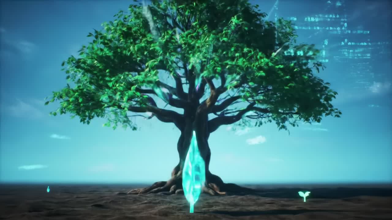 A shimmering, high-tech tree stands tall against a vibrant sky, transforming its leaves into glowing digital forms as it symbolizes nature intertwined with technology