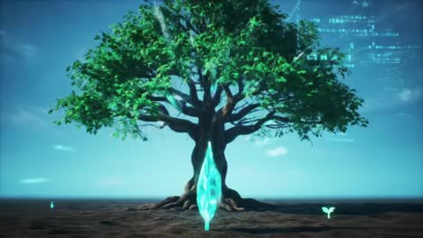 a shimmering, high-tech tree stands tall against a vibrant sky, transforming its leaves into glowing digital forms as it symbolizes nature intertwined with technology