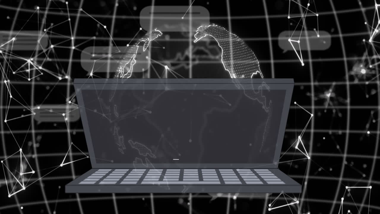 노트북 및 그리드 및 어두운 배경에서 ai 데이터 처리의 애니메이션