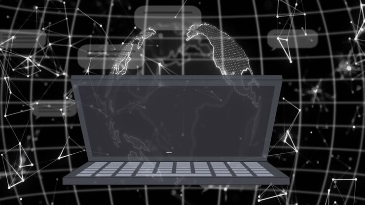 Animazione di elaborazione dati AI su laptop, griglia e sfondo scuro
