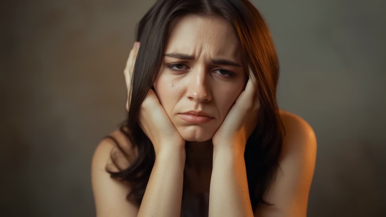 Woman reacting to tear forming by cradling face, showing sorrow in small room against warm wall