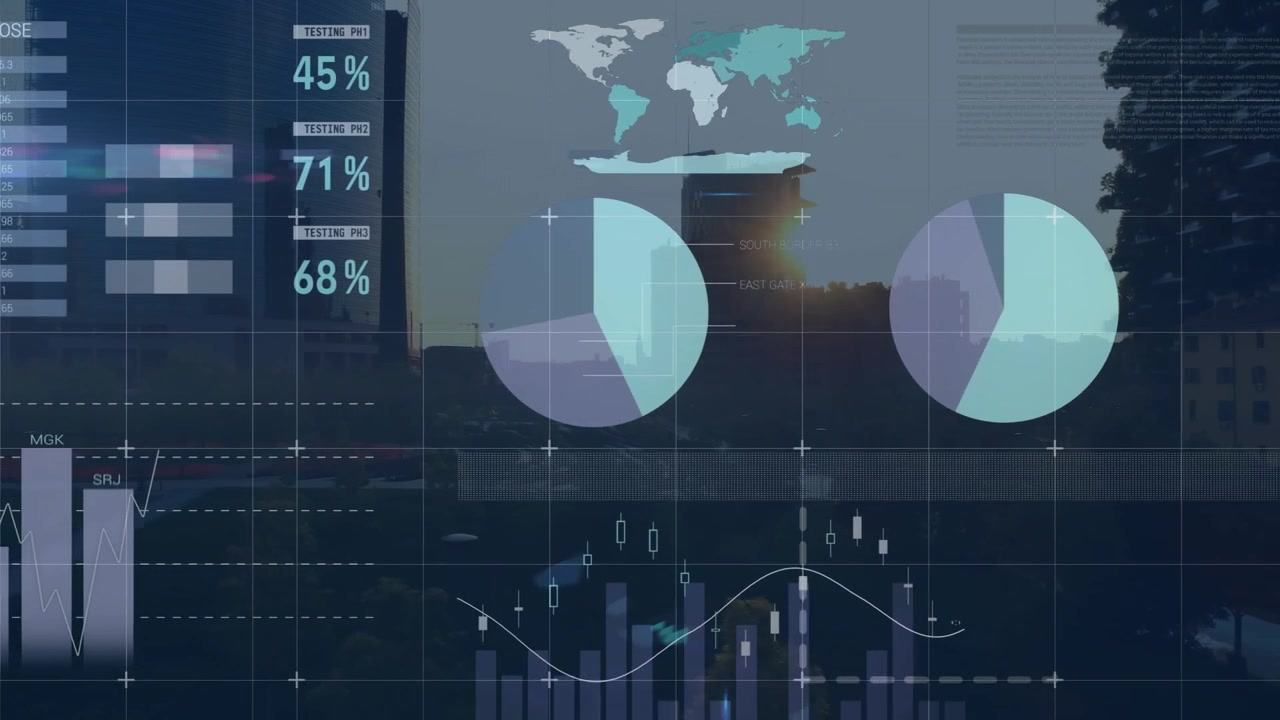 Animation of data processing over cityscape
