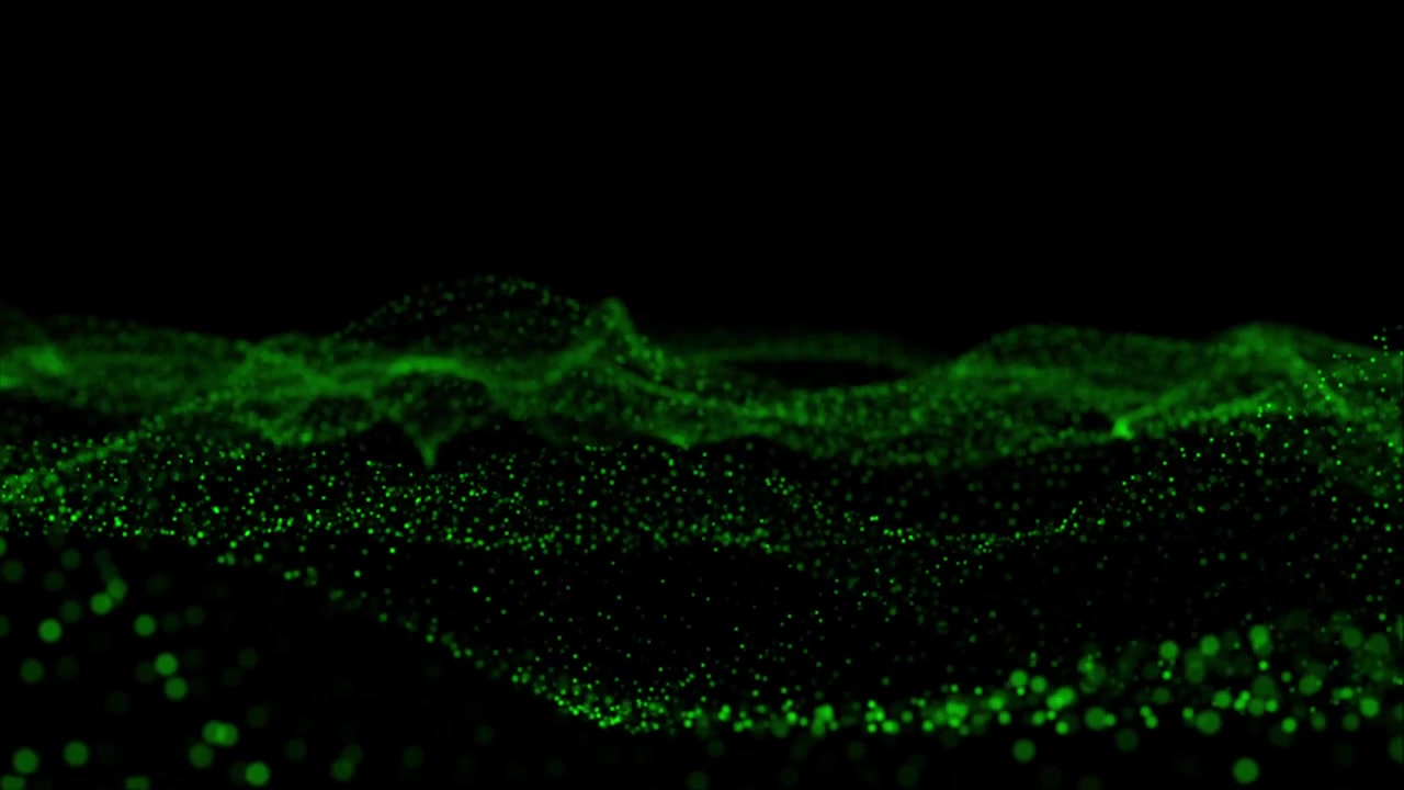 Abstract green particle waves on black background. Glowing digital ...