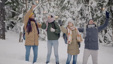 friends having fun in the snowy forest with sparkler