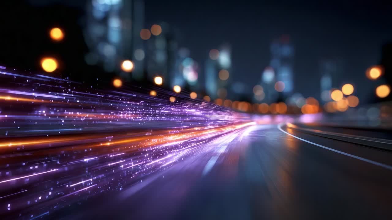 Uno spettacolo ipnotico di scie luminose vivide che sfrecciano attraverso un vivace paesaggio urbano di notte, mettendo in mostra il movimento dinamico e l'energia della vita cittadina con luminosi effetti bokeh sullo sfondo