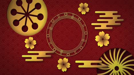 Animation-of-decorative-yellow-shapes-moving-and-yellow-flowers-spinning-on-red-background
