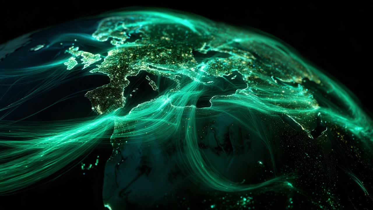 Digital visualization of glowing green data streams and information flowing over Europe at night, showing international trade routes, internet traffic, big data transfer, and global connections