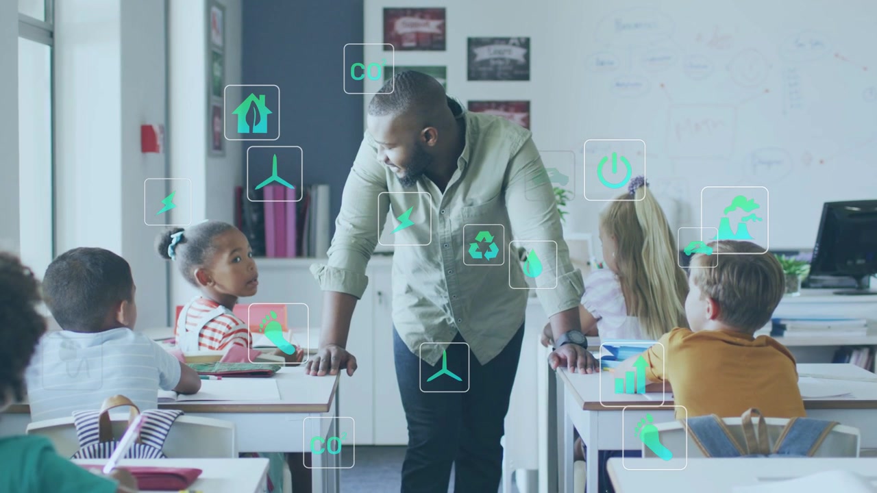 Teacher stepping between desks and checking student work in class, green icons floating over desks