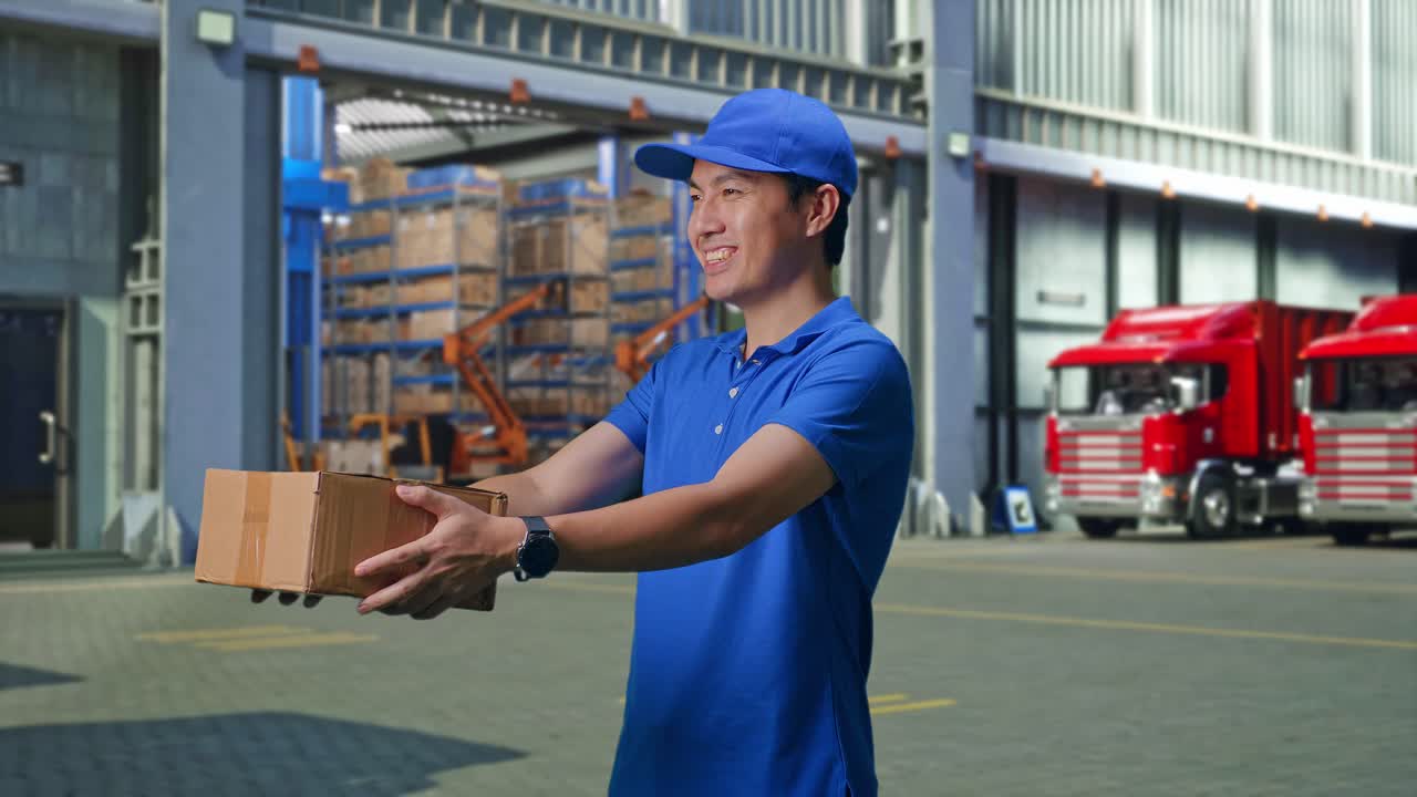 Asian male Courier In Blue Uniform Giving A Carton To Someone And Smiling While Delivering It, Outside of Logistics Distributions Warehouse