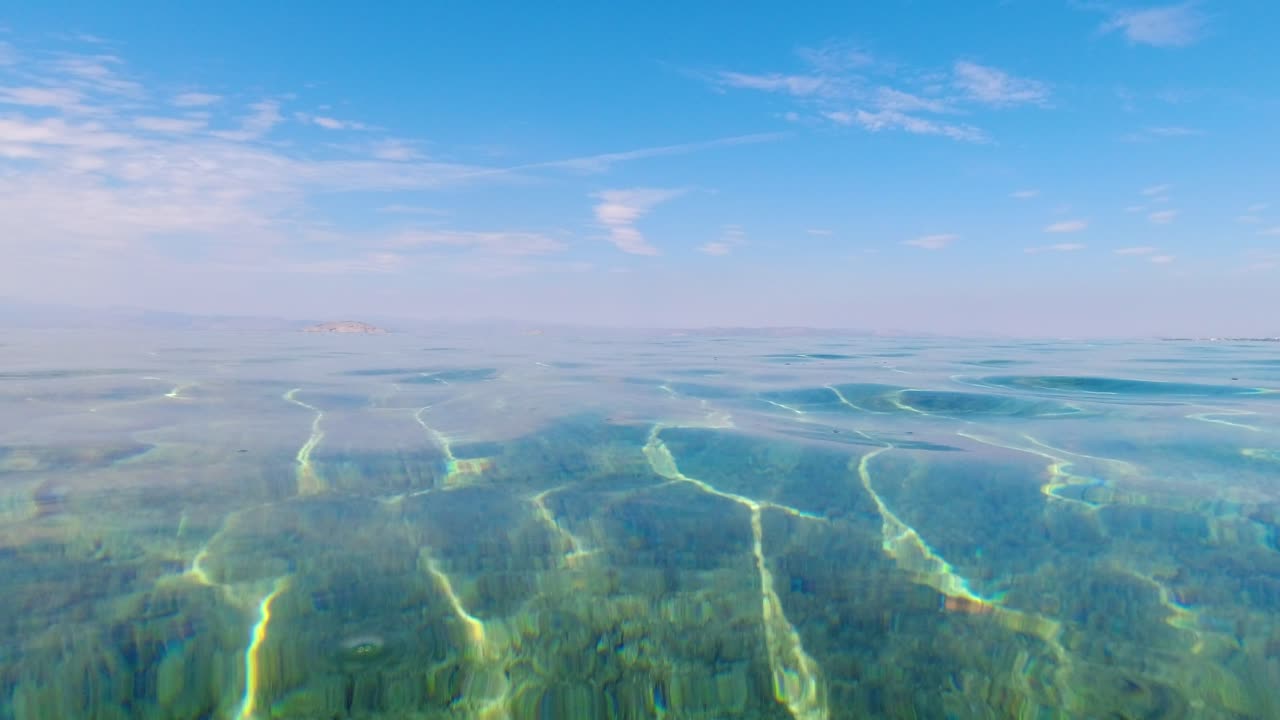Beautiful slow motion shot above clear turquoise waters in ocean