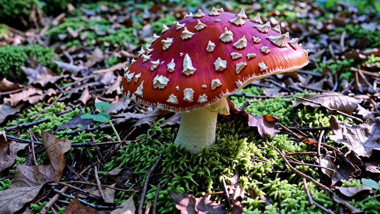 Close-up video concept of a vibrant red mushroom with white spots, captured at a low angle