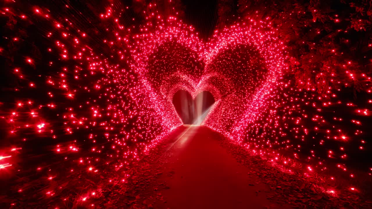 A Magical Heart-Shaped Tunnel Illuminated by Red Lights, Creating a Romantic Path that Invites Couples and Dreamers to Walk Through and Experience Love and Wonder Under the Stars and Shimmering Lights
