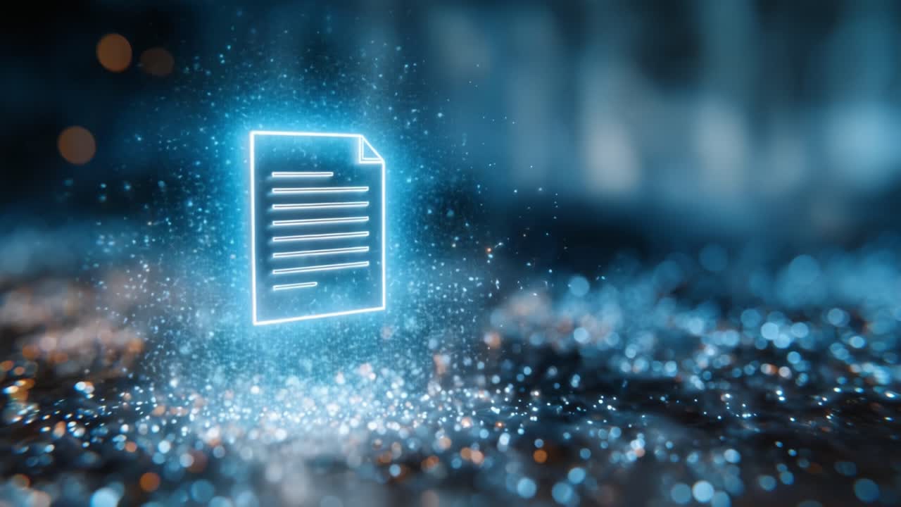 A Glowing Document Floating in an Ethereal Background, Surrounded by Sparkling Particles and Soft Light, Creating a Magical and Digital Atmosphere