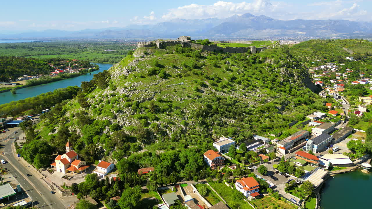 Aerial, drone view of the Lezhe Castle in Lezhe, Albania