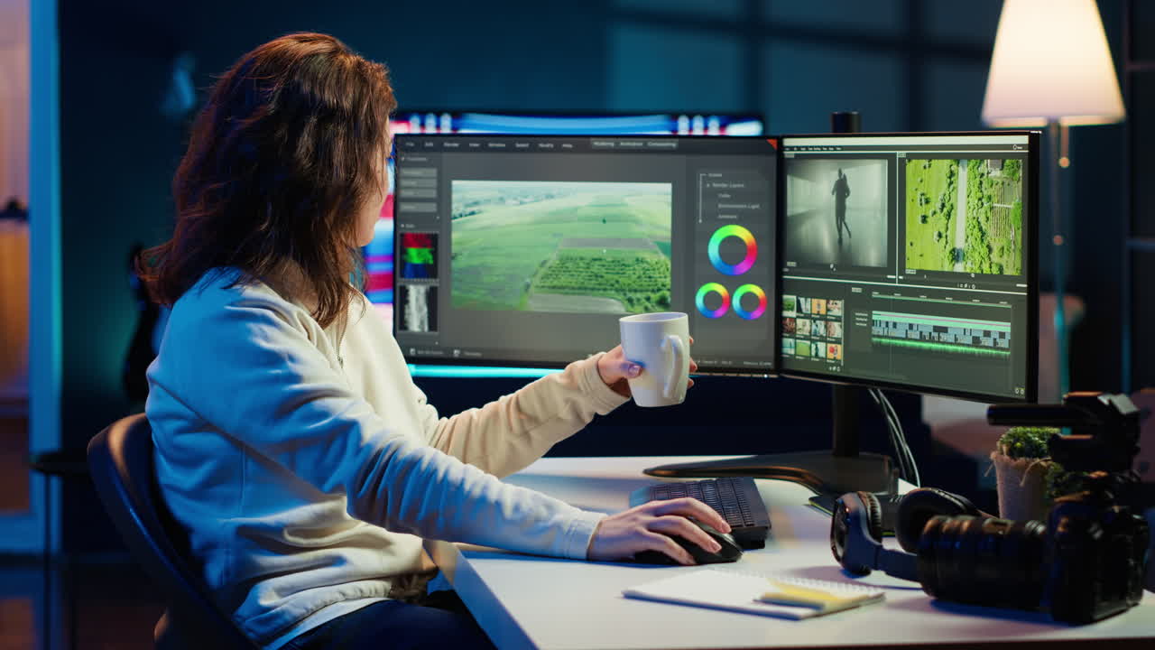 especialistas en la corrección de colores mientras beben café