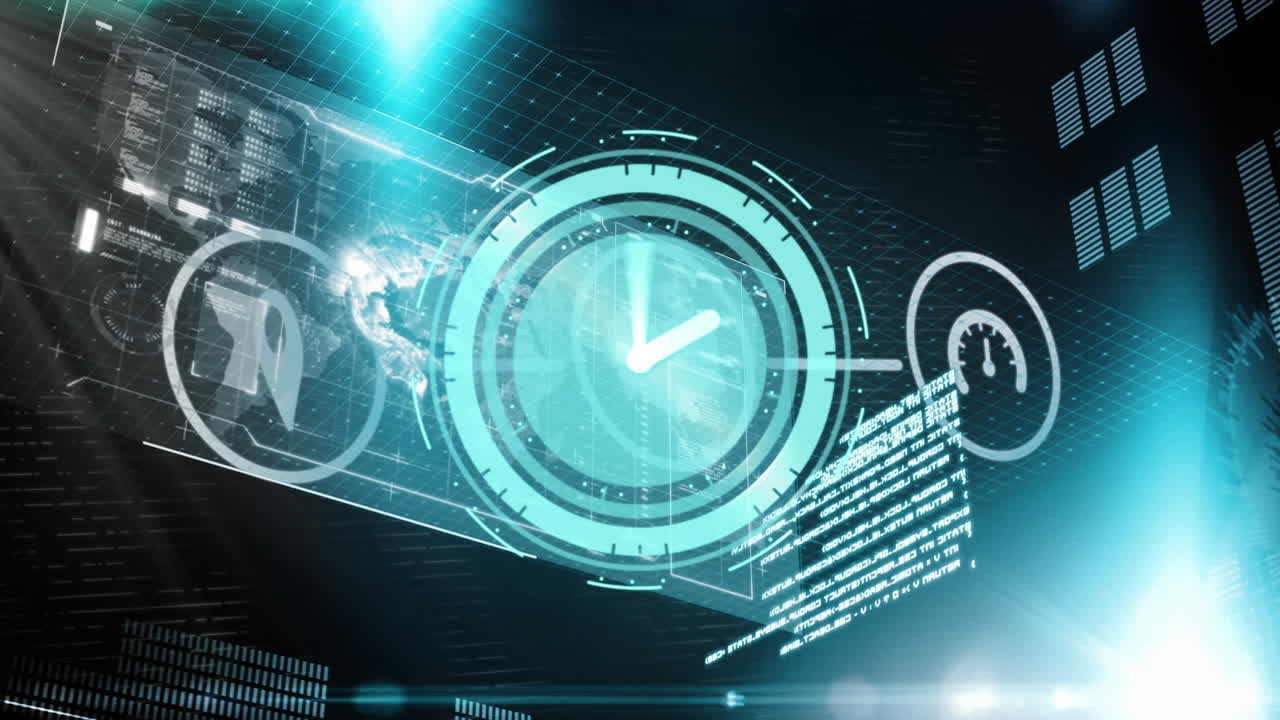 Animation of clock ticking and data processing over screens