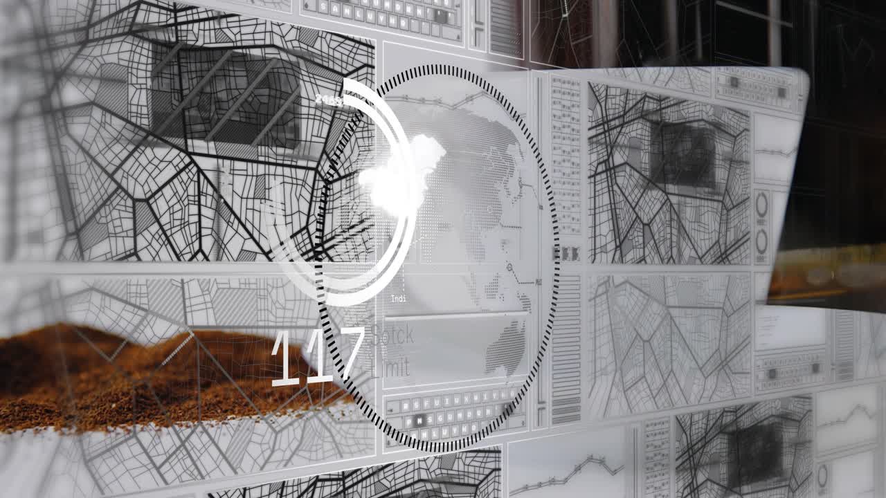 White cup and saucer, overlay fading in over cup driving ring globe progress visualizing data