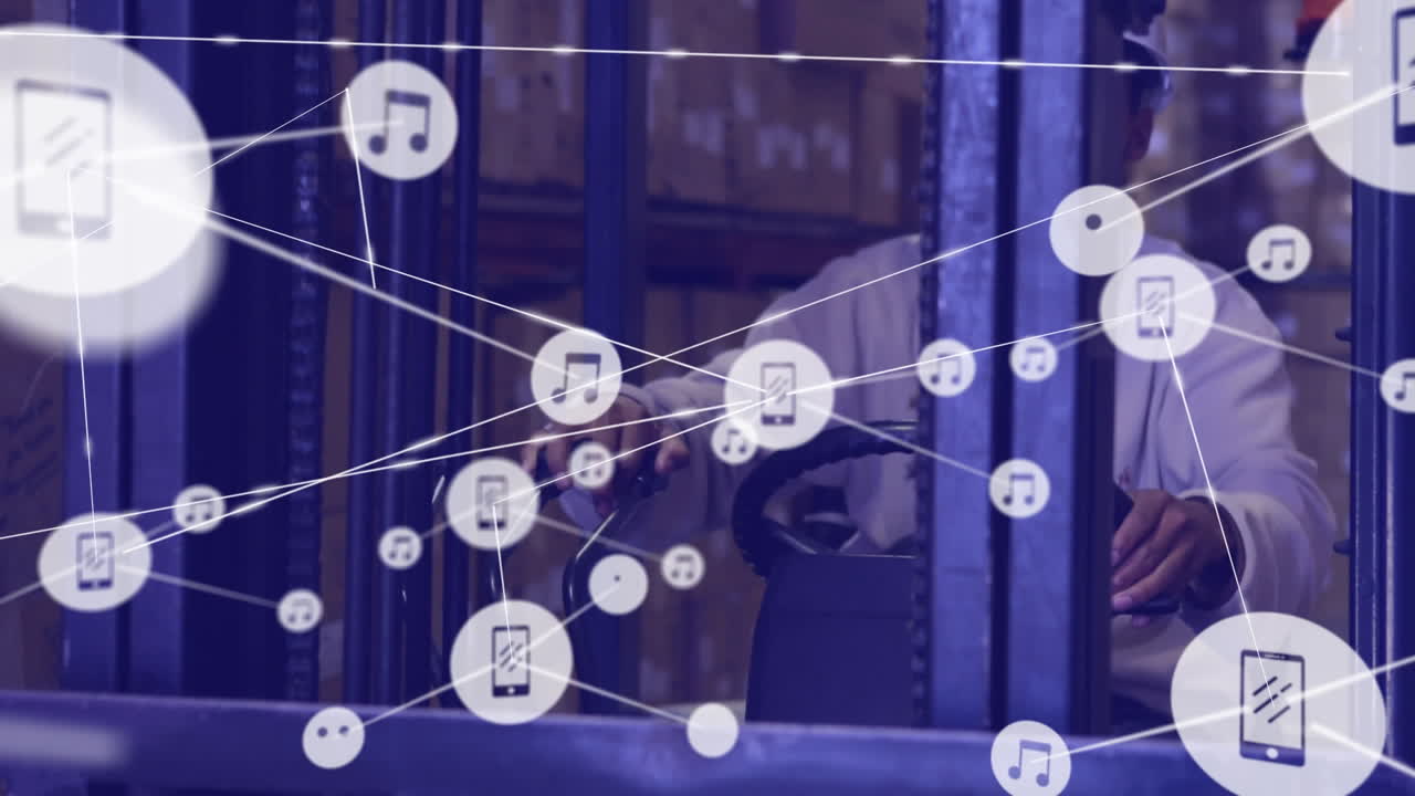 창고에서 일하는 사람 위의 아이콘과 연결 네트워크의 애니메이션