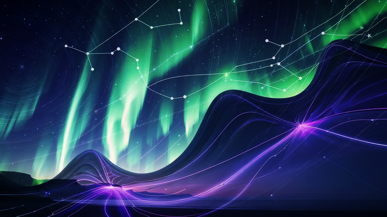 Aurora vibrante e scie stellari in un cielo notturno cosmico