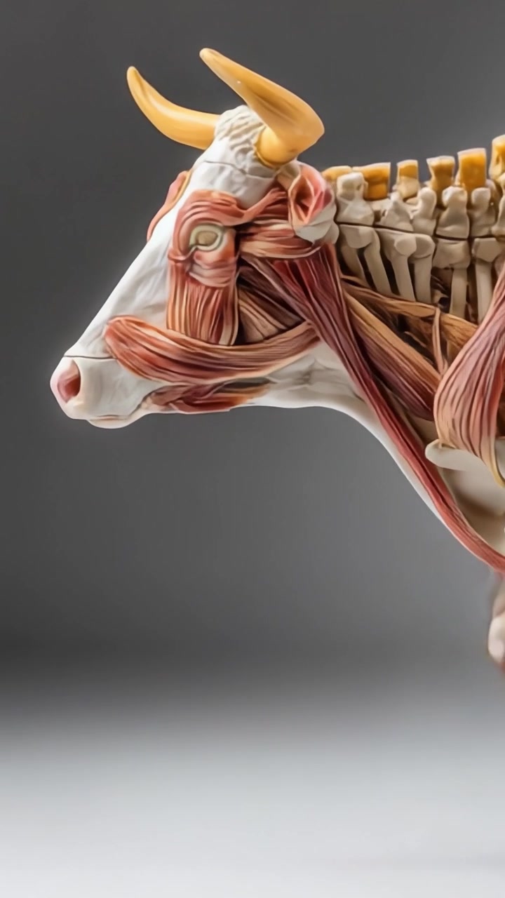 Intricato modello anatomico di una mucca che evidenzia la struttura muscolare e scheletrica, catturato da due prospettive in una dettagliata rappresentazione artistica.