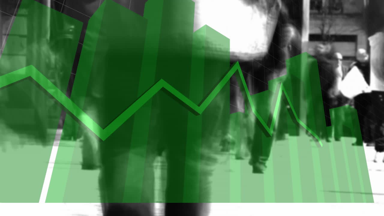 animación de un gráfico verde que se forma sobre personas grises caminando por una calle