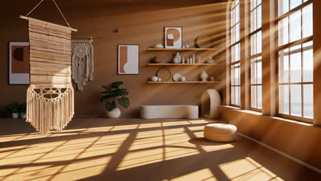 sunlit bohemian interior with macrame decor and warm tones
