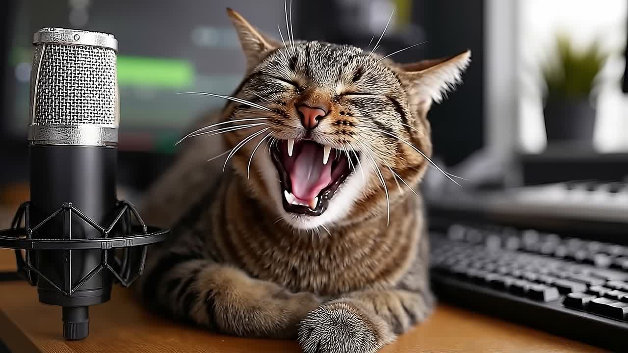 A cat yawning in front of a microphone on a desk