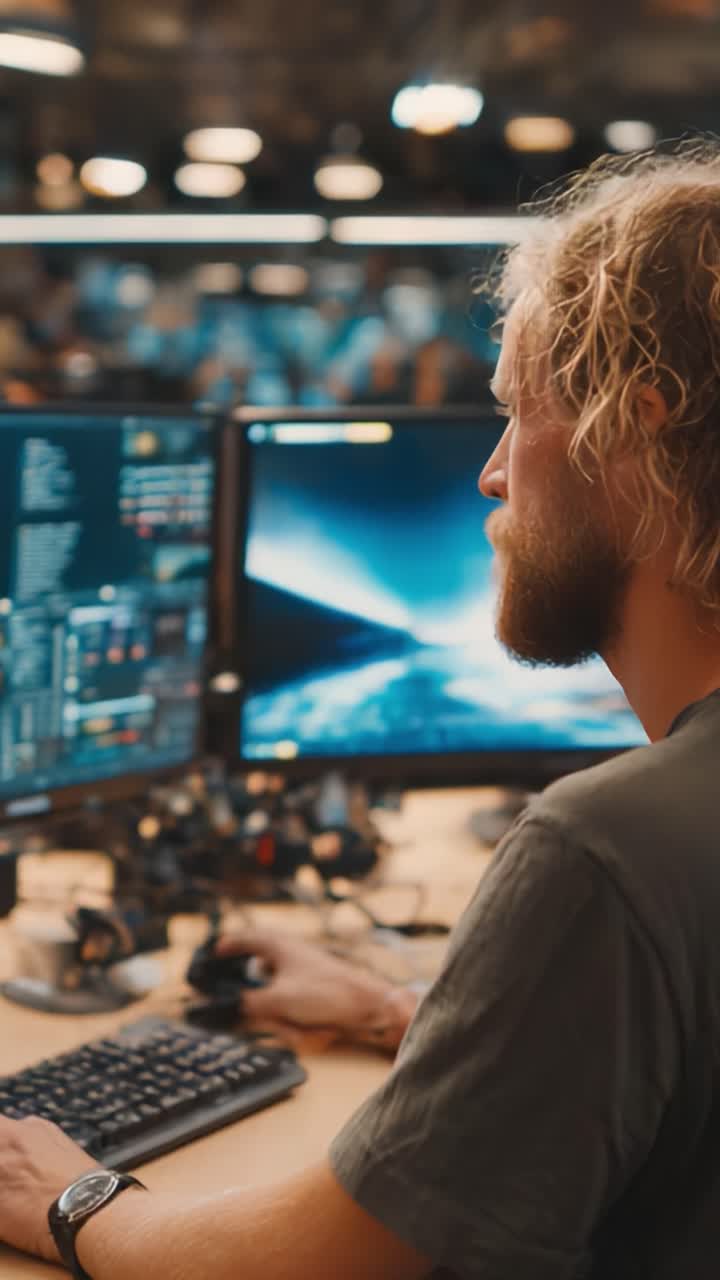 Focused Programmer Engaged in Software Development at Dual Screen Setup, Highlighting Intense Work Environment and Tech-Driven Atmosphere