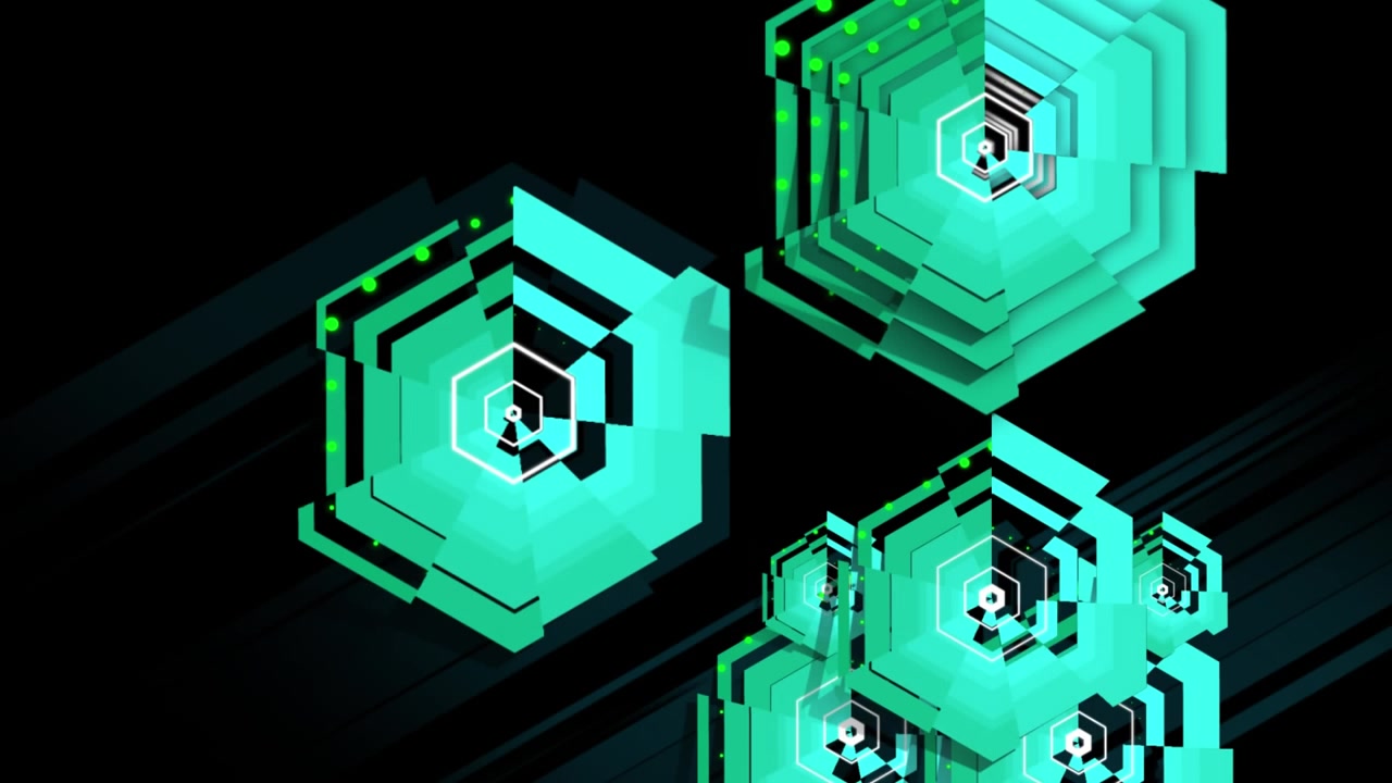 Teal pentagons rotating on black background